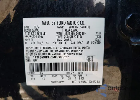 2021 Ford Explorer Limited z USA, uszkodzony, nr VIN 1FMSK8FH6MGB03527